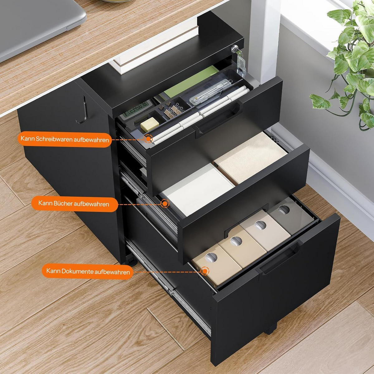 ROLLCONTAINER Schwarz Bürocontainer abschließbar - Schwarz, Metall (52/67/39cm) - Hoobro