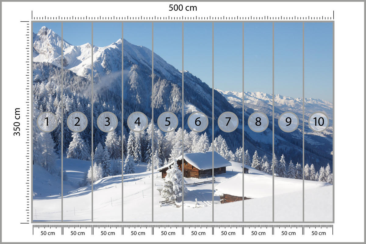FOTOTAPETE für Wohnzimmer Holzene Hütte Berge Bäume Winter 500x350 - Weiß, Papier (500/350cm) - Muralo
