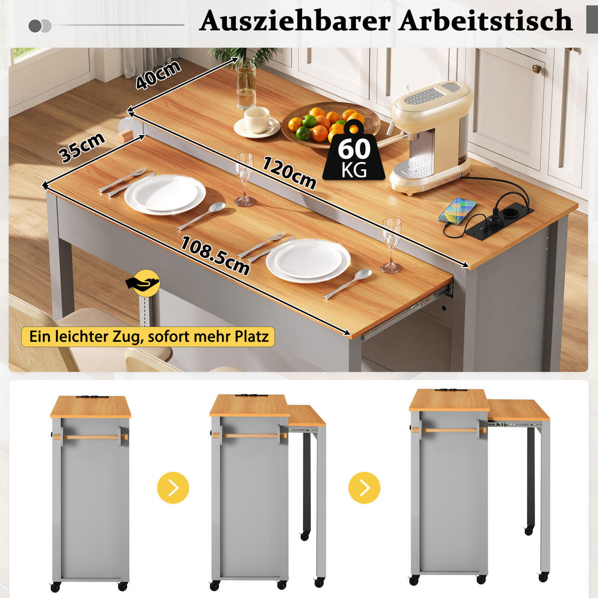 KÜCHENINSEL mit Ausziehplatte und Stauraum 120 cm Grau - Grau, Holz (40/92/120cm) - Beauniv