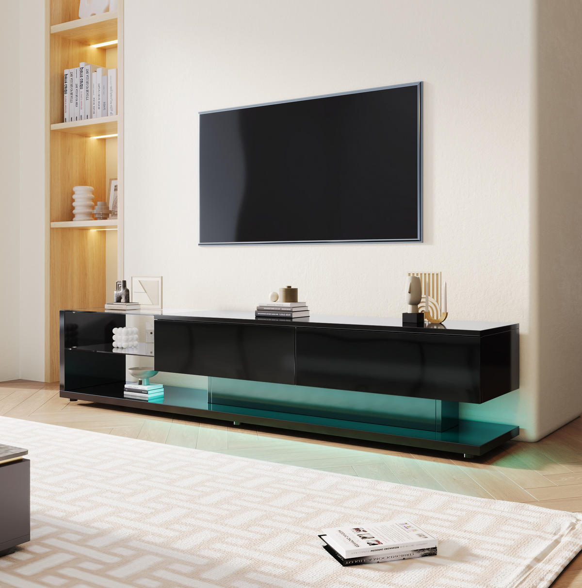 TV ormarić 170/36/38 cm crni od iverala s LED rasvjetom i staklenim policama - crna, drvni materijal (170/38/36cm) - OKWISH