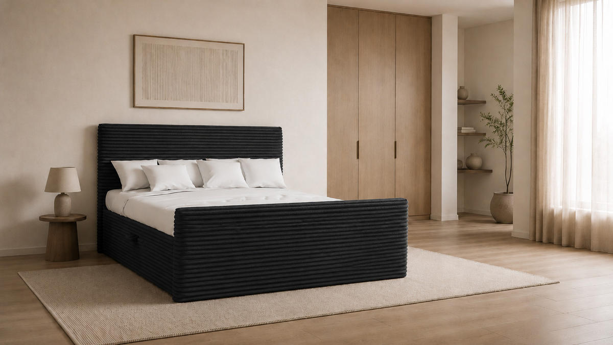 BOXBETT Mit Bettkasten Und Topper TRENTO Stoff Plüsch Cord 120x200 cm Schwarz H2-Pocket - Schwarz, Holz/Textil (120/200cm) - Kaiser Möbel
