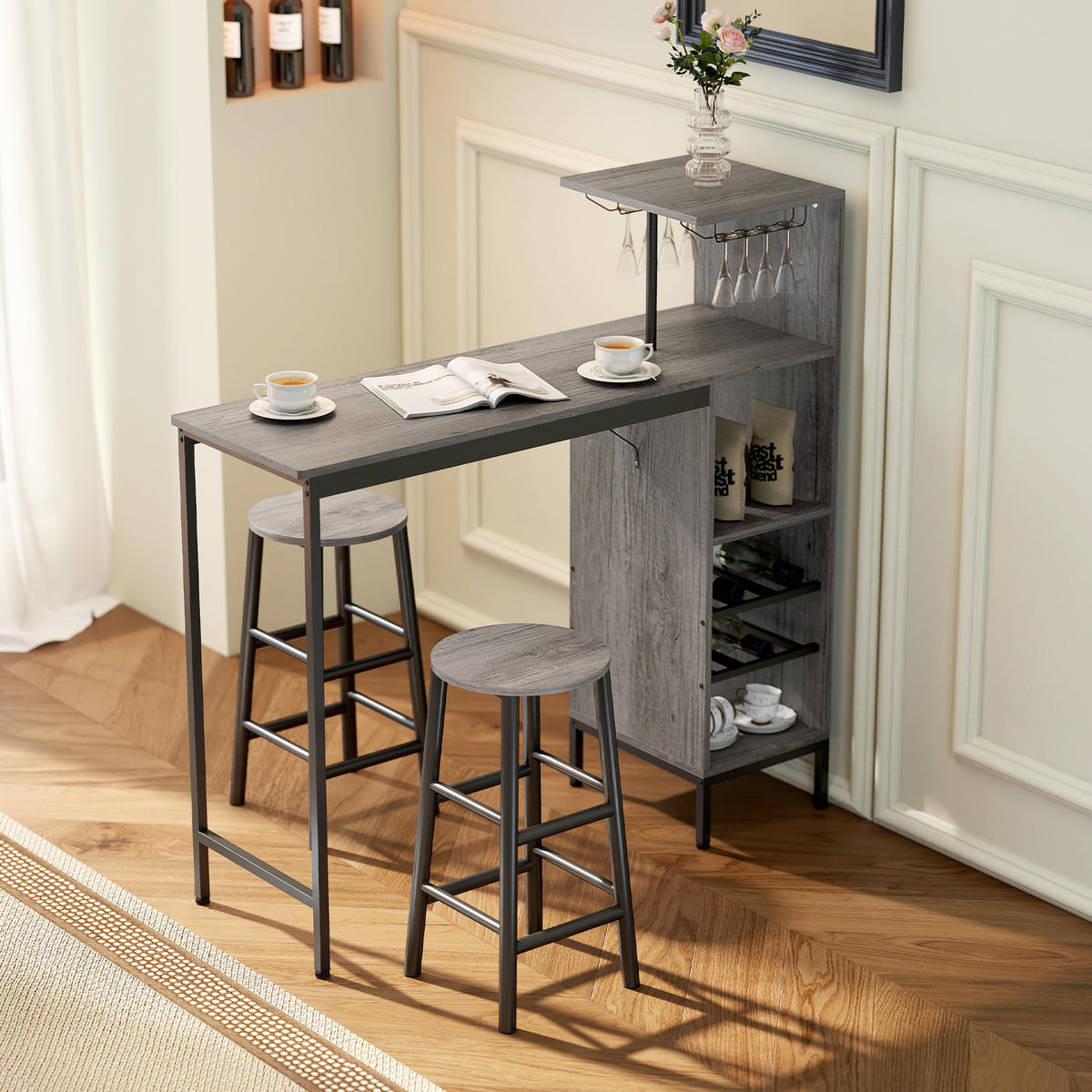BARTISCH-SET DE-14784 mit Weinregal & Glashaltern für 2 Hocker Naturholz - Naturfarben, Holzwerkstoff (121.5/40/122cm) - ComfortXL