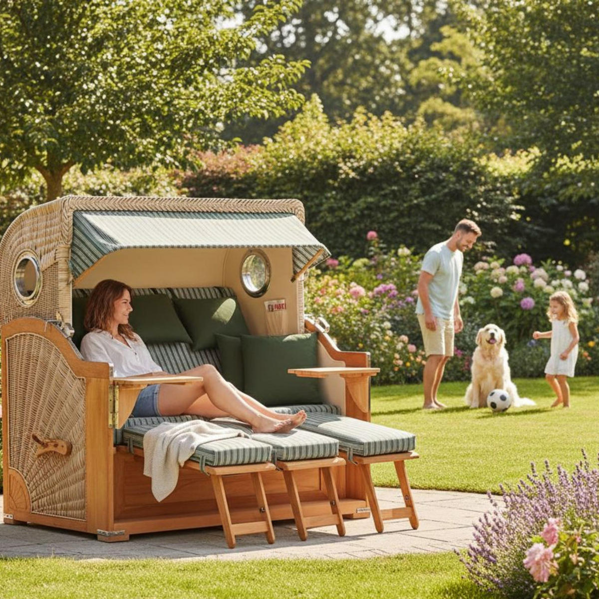 STRANDKORB XXL Baltikum mit Bullaugen - Braun/Grün, Metall (170/170/95cm) - Mr. Deko