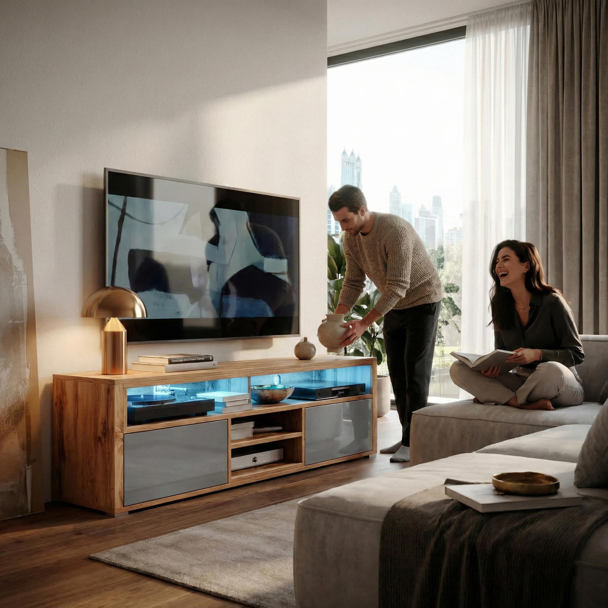 TV-ELEMENT Bella mit 2 Türen und offenem Regal, eiche Wotan+grau glänzend - Eichefarben/Weiß, Holzwerkstoff (137/42.5/33cm) - Beautysofa