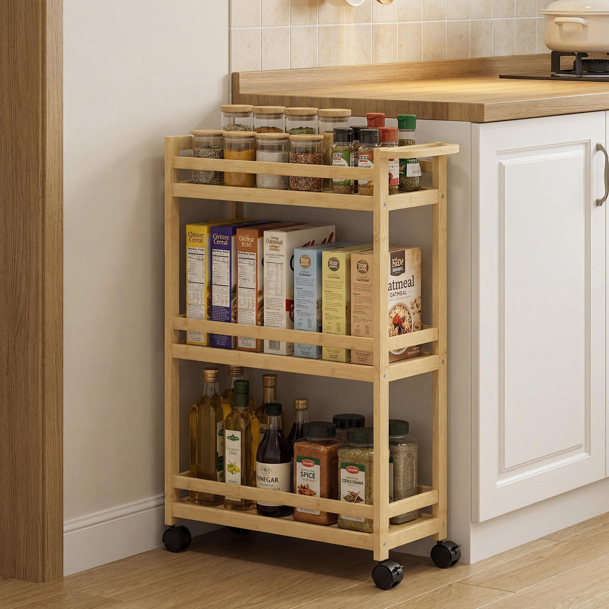 BADEZIMMERREGAL DE-17322 3-stufig mit Rollen & Handgriff Natur - Naturfarben, Naturmaterialien (20/75/55cm) - ComfortXL