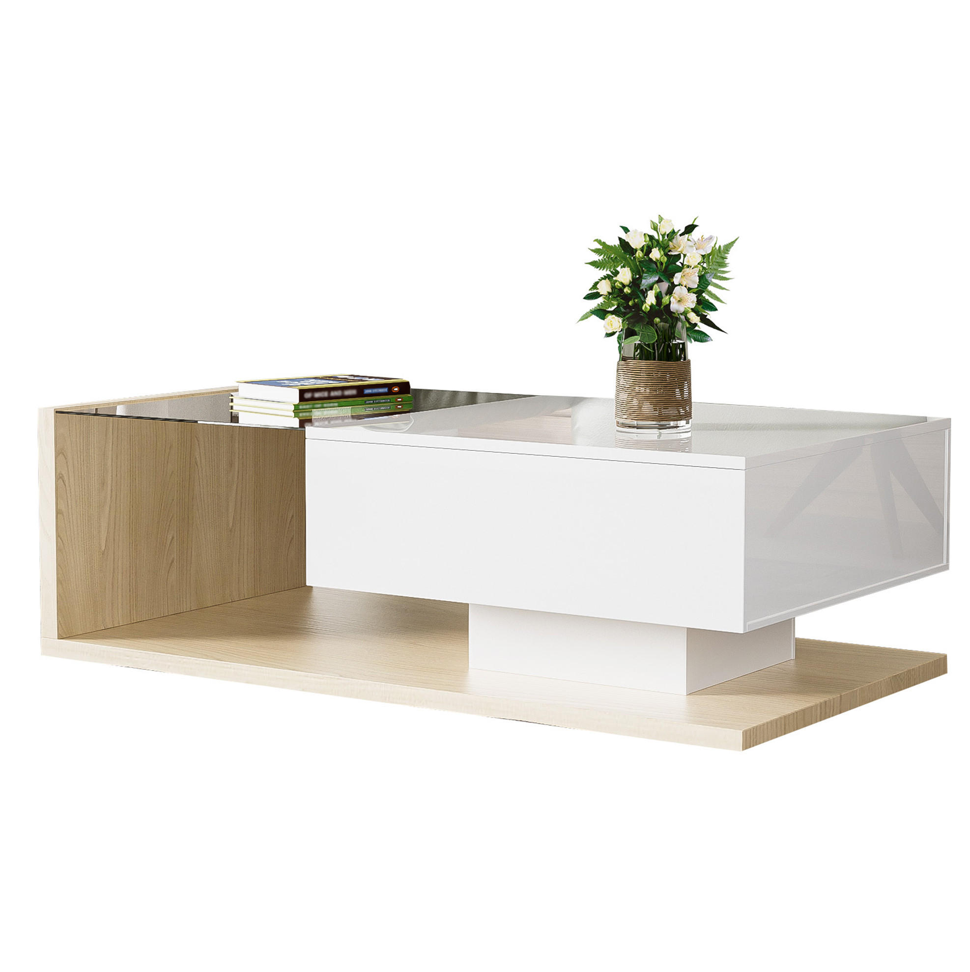 COUCHTISCH aus Spanplatte 105x55x32,5 cm in Natur mit LED-Beleuchtung - Naturfarben, Holzwerkstoff (105/55/32.5cm) - Modfu