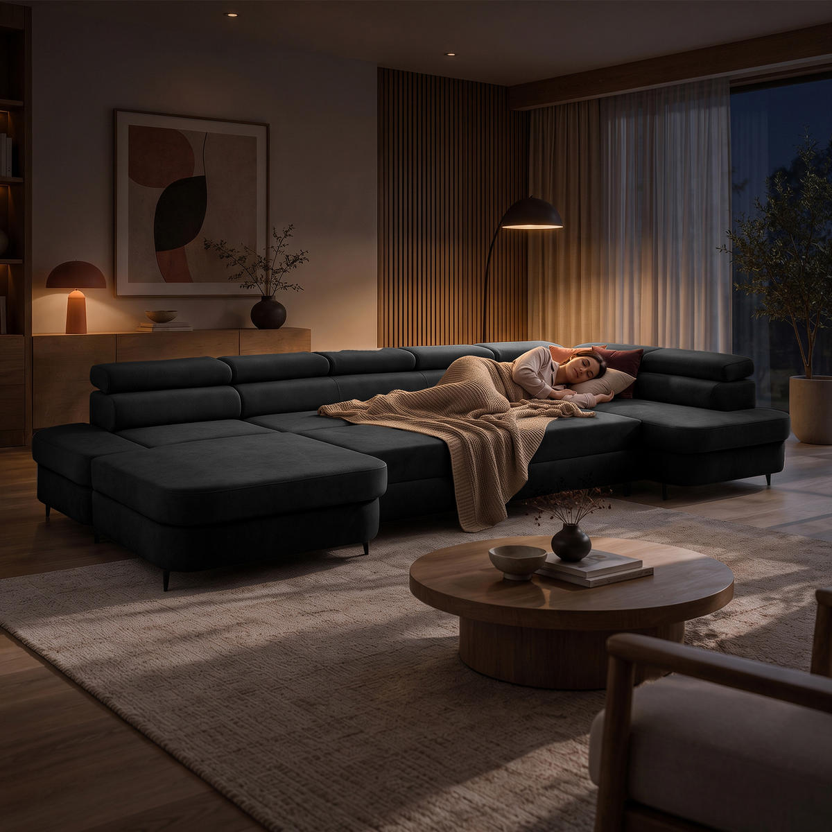 ECKSOFA U-Form PRIAM MAXI U Rechts mit Schlaffunktion 125x317 Velours Dunkelgrau - Dunkelgrau/Schwarz, Holz/Textil (400/91/203cm) - Muffo