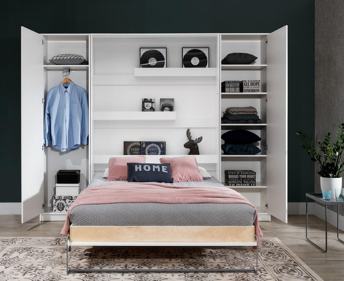 SCHRANKBETT Wandklappbett vetikal VB140x200 mit 2 Schränken - 3-tlg. - Weiß-Hochglanz - Weiß Hochglanz, Holzwerkstoff (140/200cm) - QMM TraumMöbel