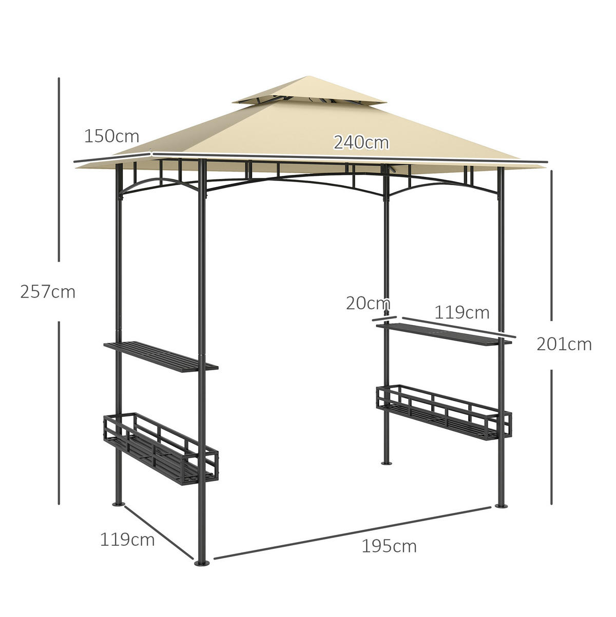 PERGOLA Grillpavillon 240/150/257 cm aus Stahl mit Doppeldach und Seitenablagen Beige - Beige, Metall (240/257/150cm) - Modenvie