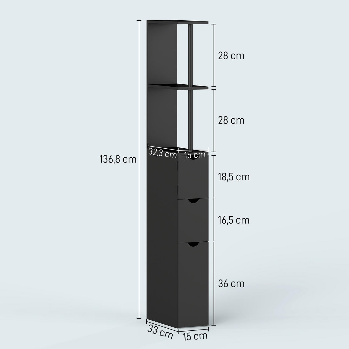 HOCHSCHRANK DE-12501 15/33/137 cm Schwarz - Schwarz, Holzwerkstoff (15/136.8/33cm) - ComfortXL