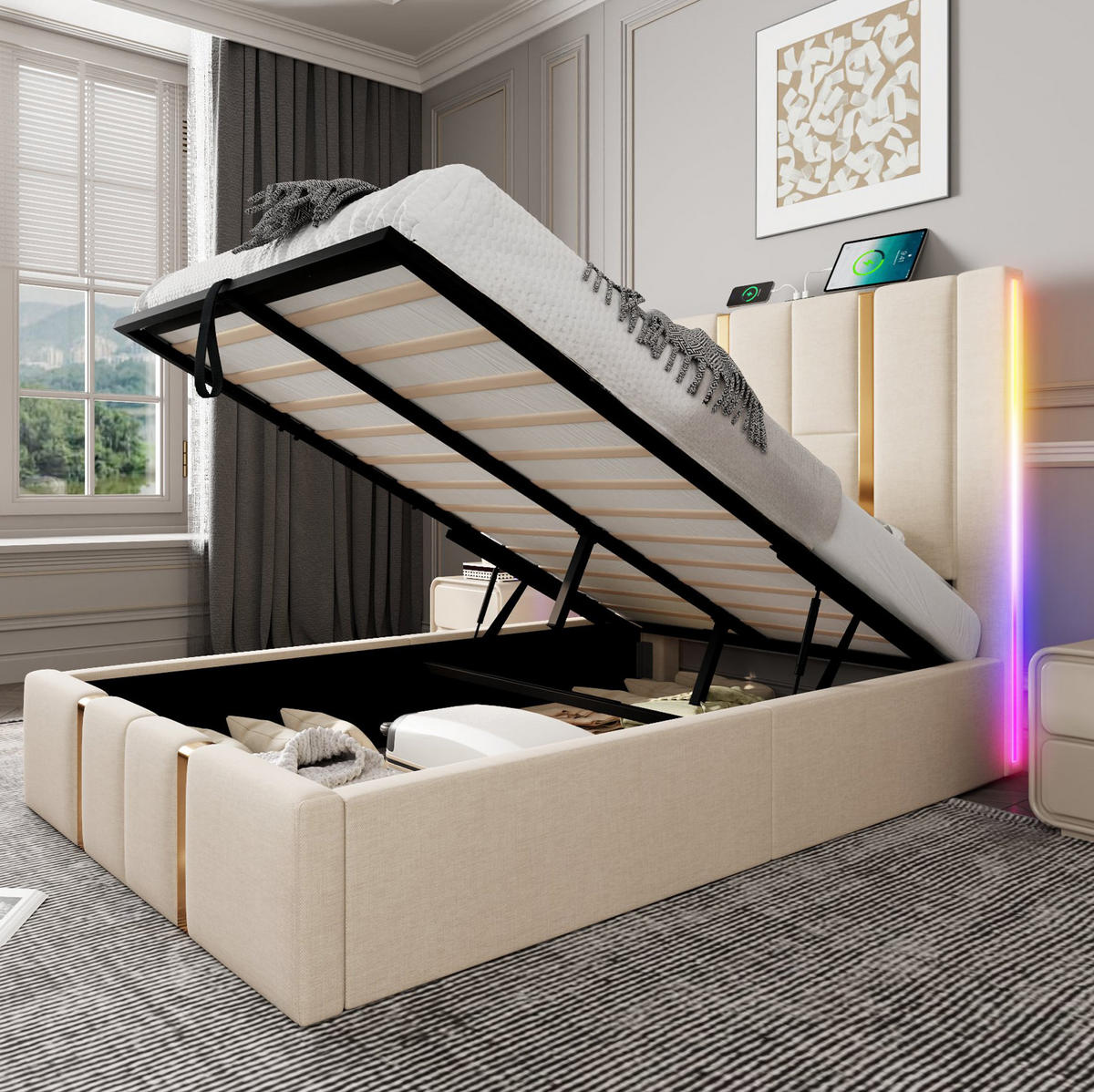 ČALÚNENÁ posteľ z ľanu 90x200 cm béžová s USB a USB-C nabíjaním, LED osvetlením a úložným priestorom - béžová, textil (90/200cm) - Modfu