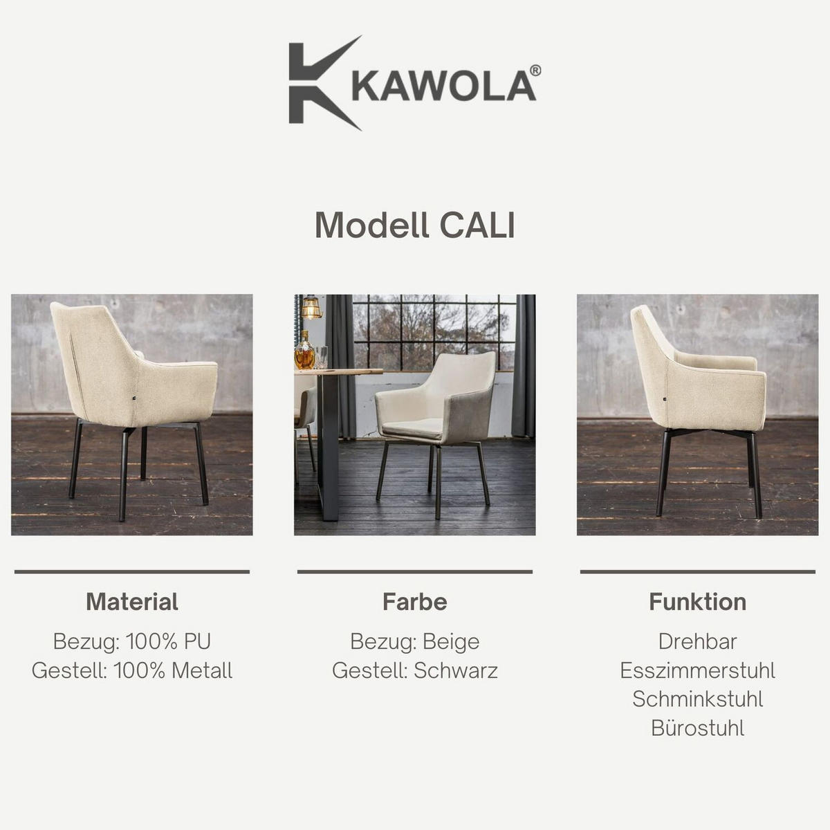 STUHL CALI Beige Microfaser - Beige/Schwarz, Textil (56/88.5/61cm) - KAWOLA
