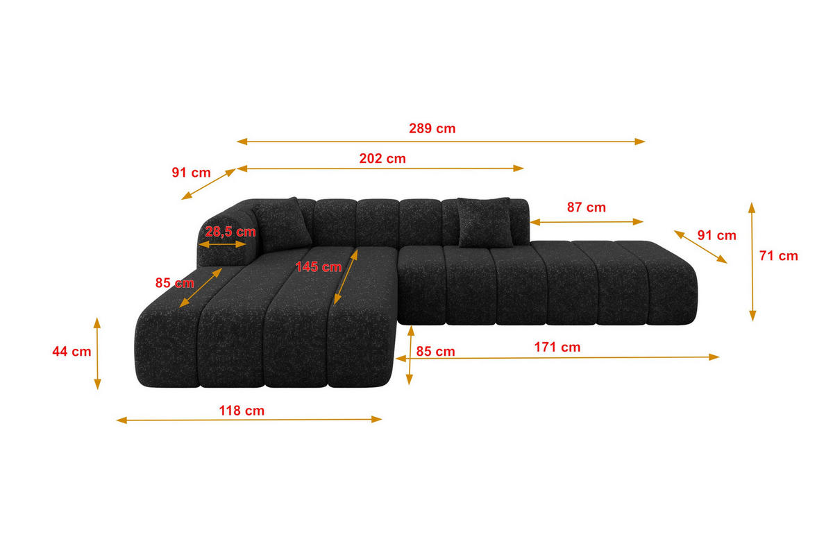 ECKSOFA Ottomane Links BILA-L 289x176x71 Schwarz Chenille - Schwarz, Holzwerkstoff/Kunststoff (176/289cm) - ALTDECOR