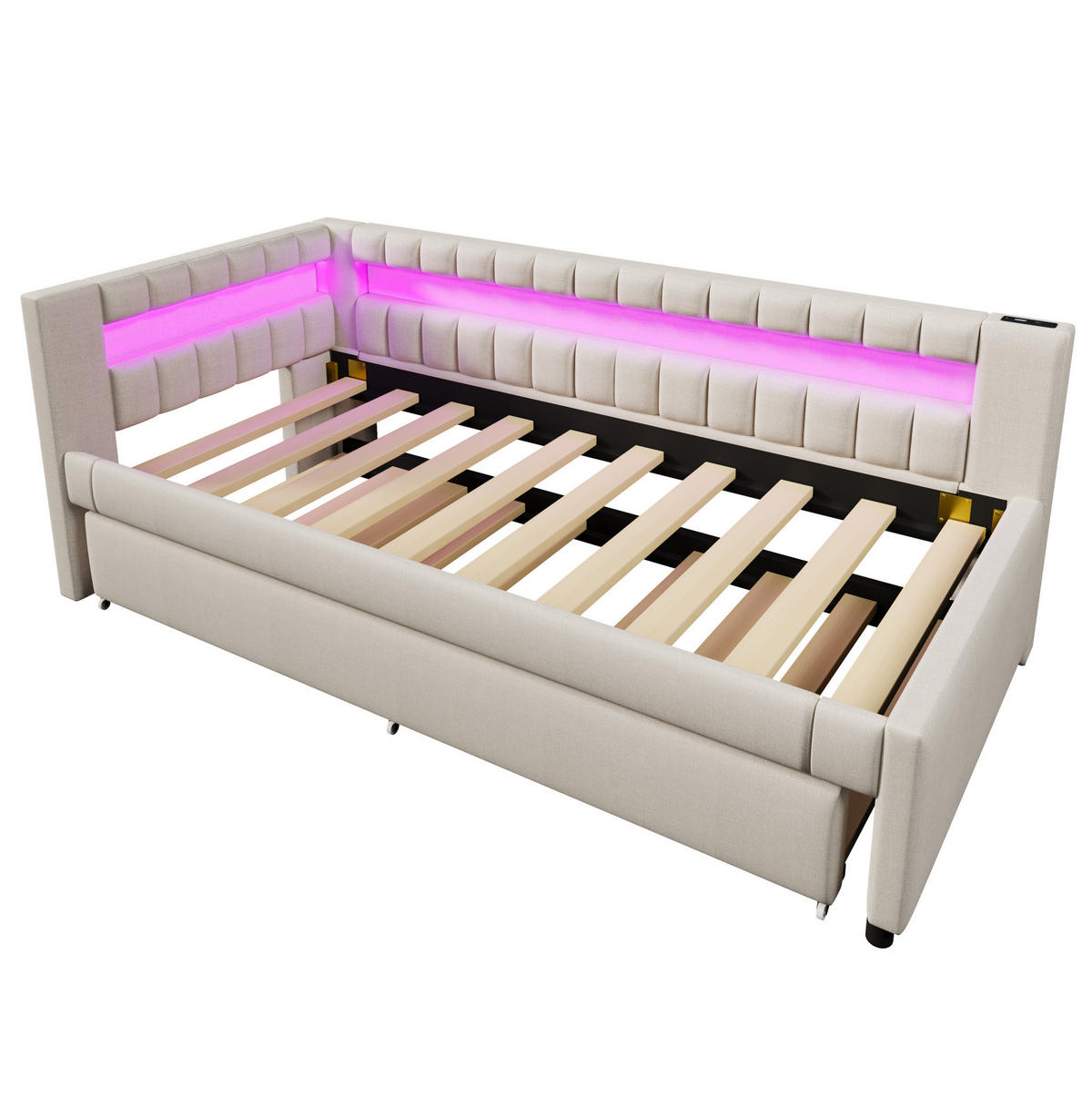 POLSTERBETT aus Leinen 90x200 cm in Beige mit Ausziehbett, LED & USB-Type-C - Beige, Textil (90/200cm) - Modfu