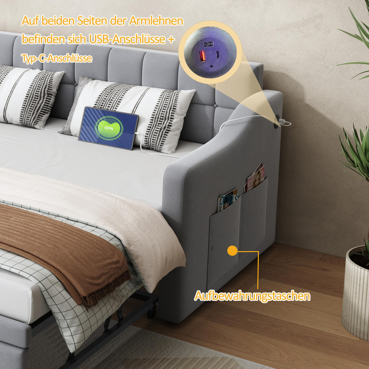 SCHLAFSOFA 90/190 cm & 180/190 cm in Hellgrau Samt mit USB und Ausziehfunktion - Hellgrau, Holzwerkstoff/Textil (90/190cm) - WISHDOR
