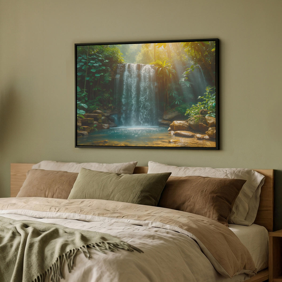 LEINWAND Bilder mit Rahmen - Wasserfall - Dschungel - Sonne - Grün - Natur - 80x60 - Grün, Textil (80/60cm) - MuchoWow