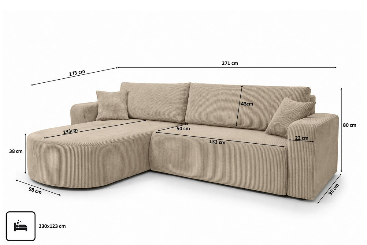 ECKSOFA Mit Schlaffunktion, Cordstoff Poso, Dunkelbeige, Links, ROUND ONE XL - Beige, Holz (271/175cm) - Kaiser Möbel