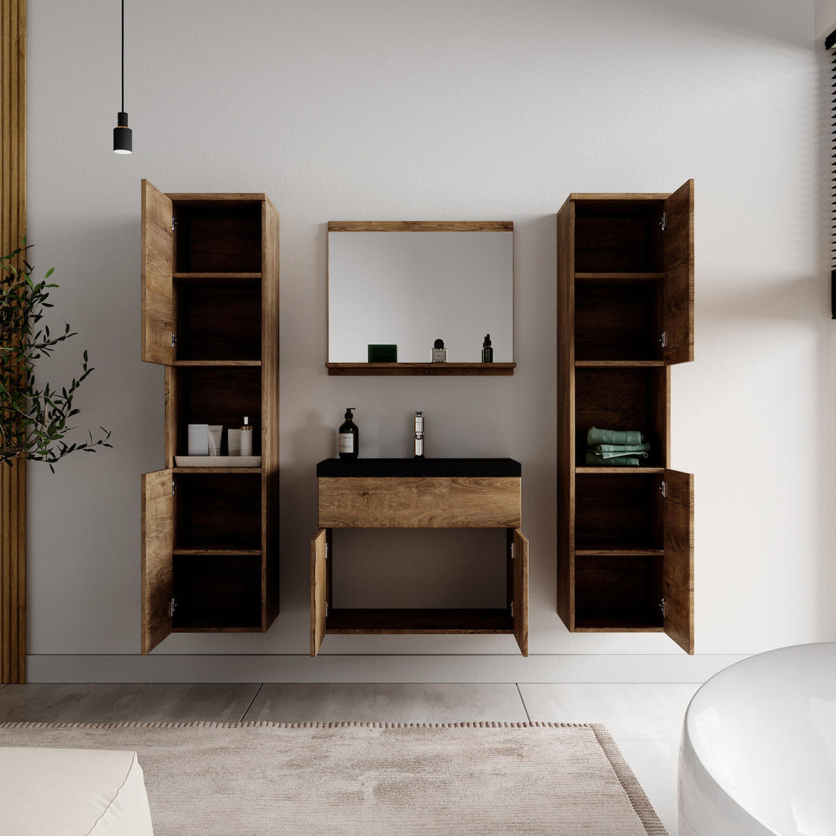 BADMÖBEL-SET Montreal 5 Teile Braun Eiche - Schwarze Waschbecken - 60 x 35 x 51 cm - Eichefarben/Schwarz, Holz (60/51/35cm) - Badplaats