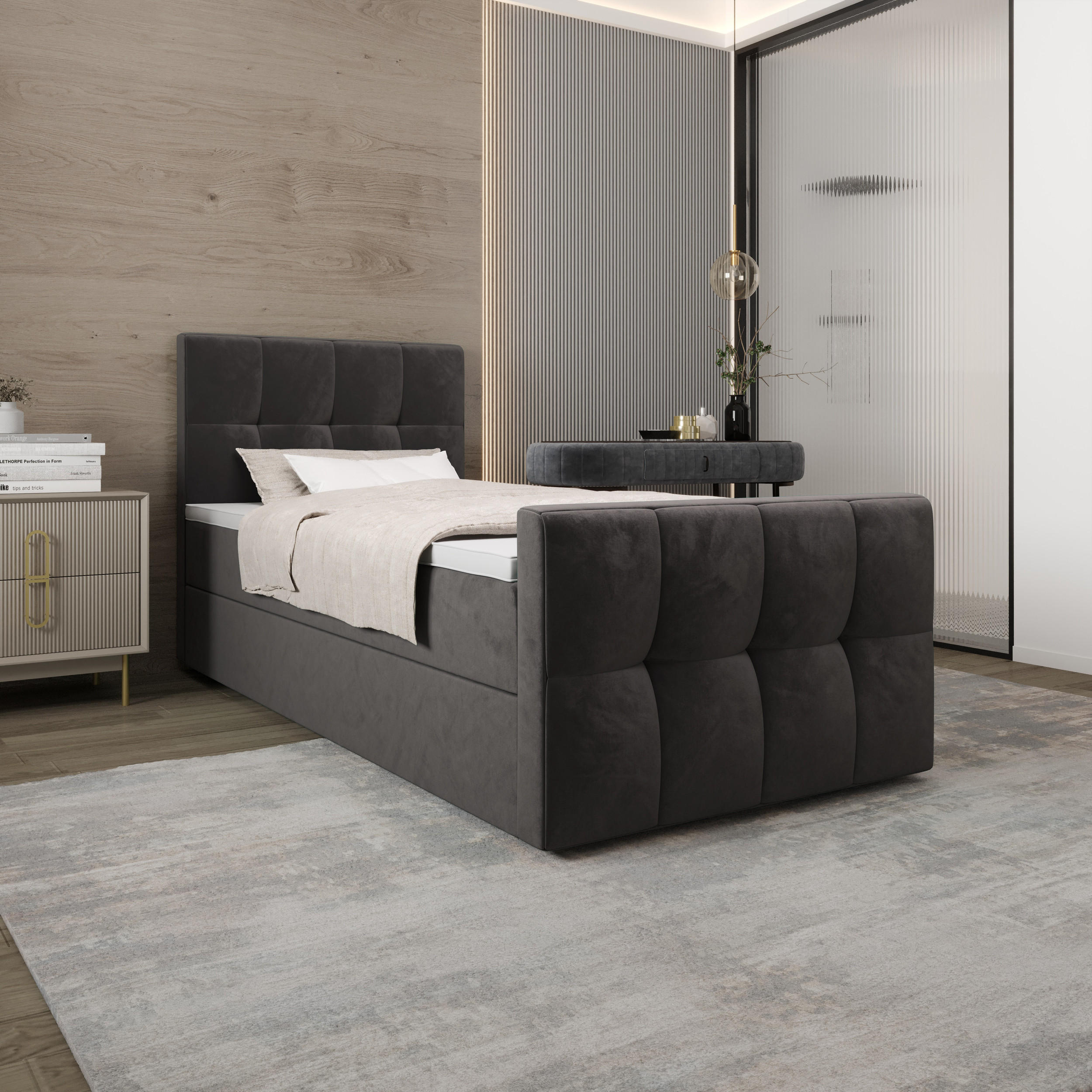 BOXBETT MANHATTAN mit Matratze H3, Bonell und Topper 100x200 Monolith 92 - Grau, Textil (100/200cm) - Bedante