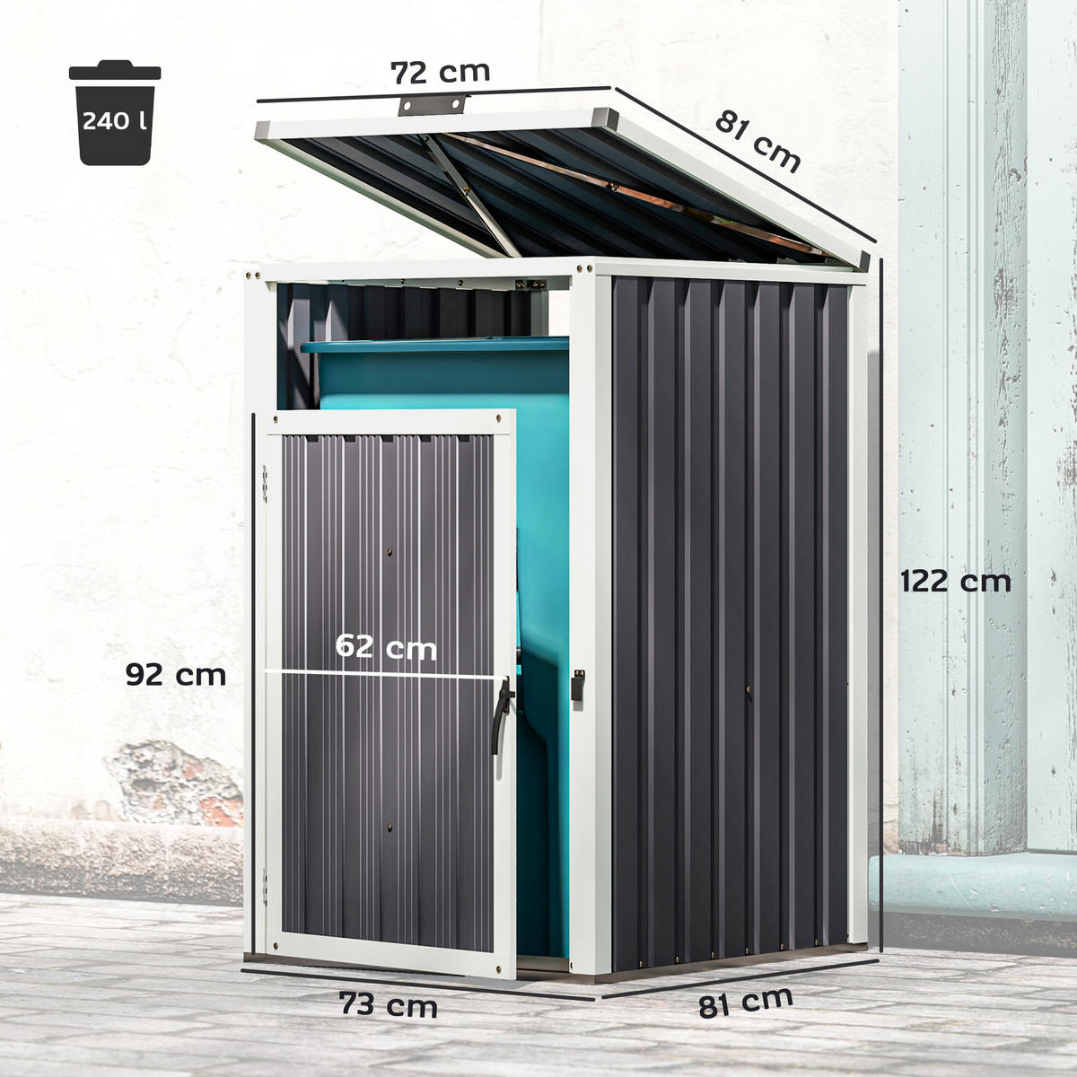 MÜLLTONNENBOX DE-16855 für 240L mit Belüftung Dunkelgrau - Dunkelgrau, Metall (73/122/81cm) - ComfortXL