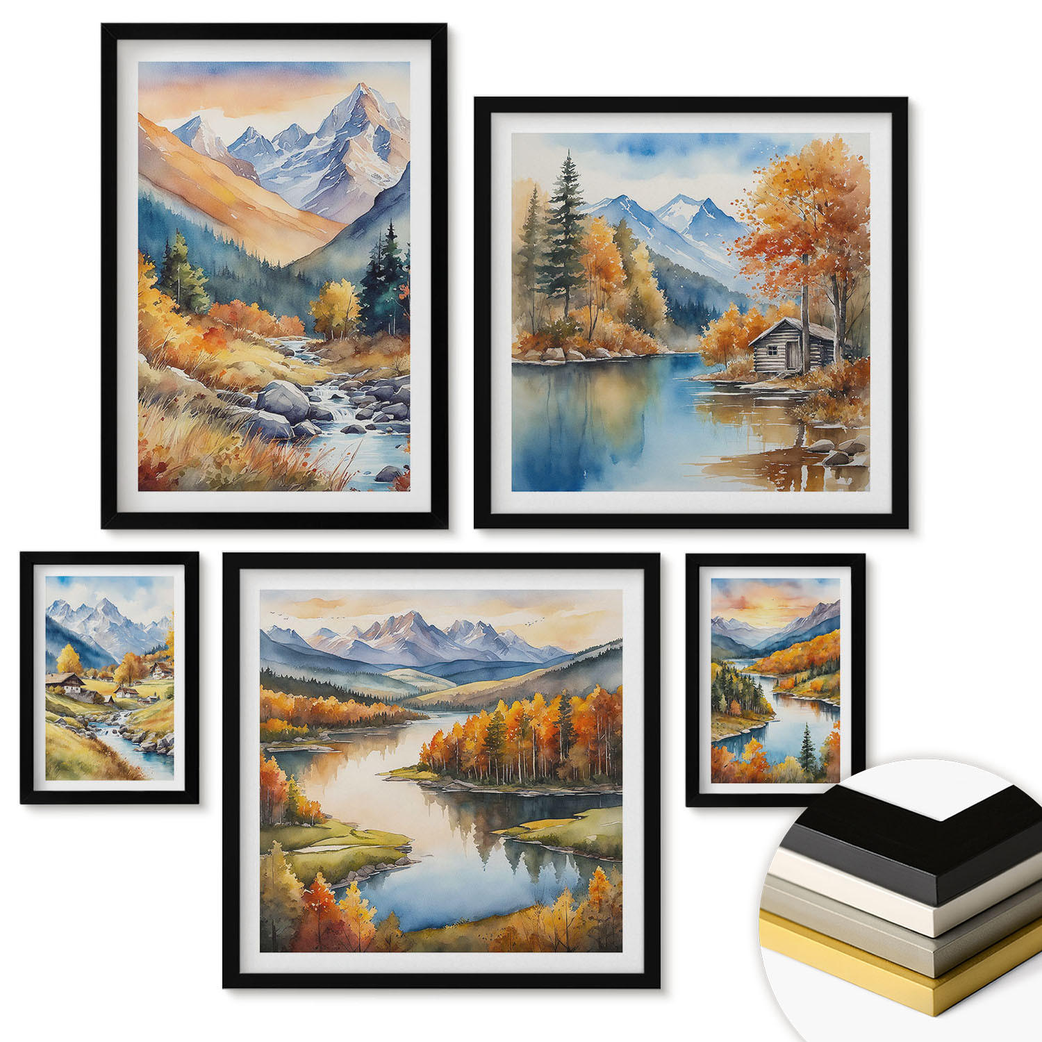 WANDBILDER 5er-Set - 50x50 cm & 20x30 cm & 40x60 cm Schwarzer Rahmen - Berglandschaft, Flusshütten - Schwarz, Kunststoff (40/60cm) - ArtPrintCave