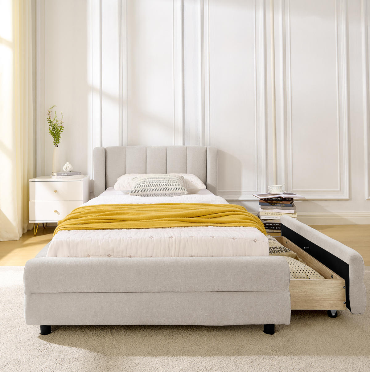 BETT mit Schubladen und USB 90x200 cm Chenille Beige - Beige, Holz (90/200cm) - Meubliv