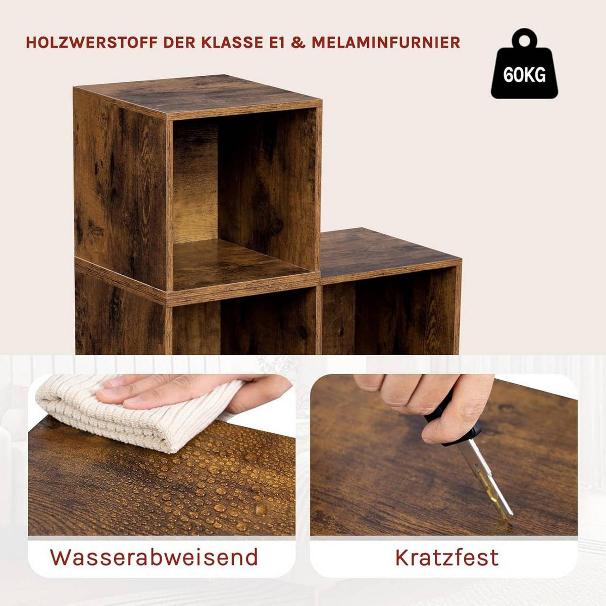 REGAL Bücherregal mit 6 Fächern, Stufenregal, 90x90x30 cm, Vintagebraun - Dunkelbraun, Holzwerkstoff (90/90/30cm) - Woltu