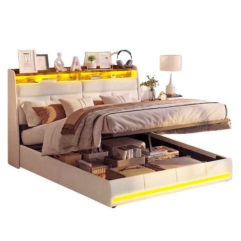 POLSTERBETT 140x200 cm Weiß PU Leder LED Gaslift Bettkasten - Weiß, Holz (140/200cm) - SHOPENTRA