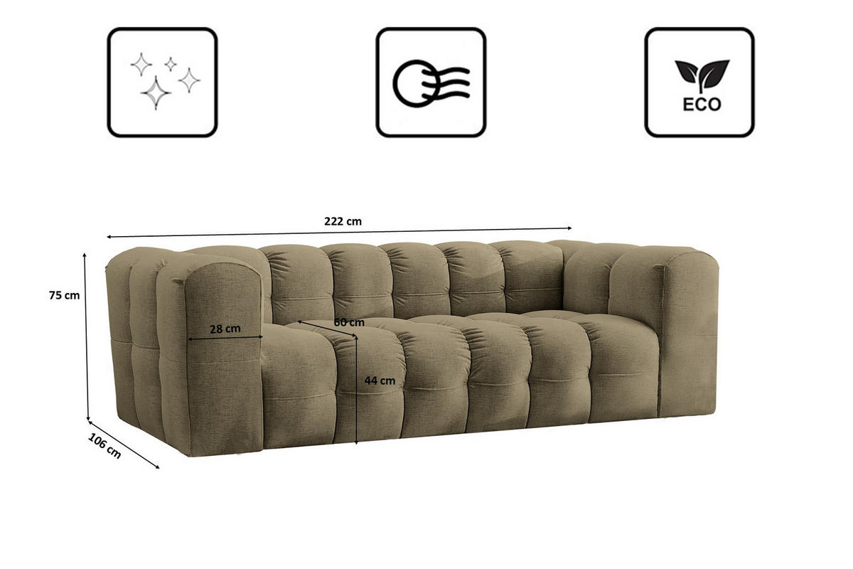 SOFA 3-Sitzer, Komfort, BALOO, Stoff Schenille, Olive - Olivgrün, Holz (222/75/106cm) - Kaiser Möbel