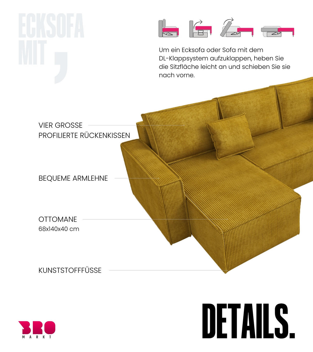 WOHNLANDSCHAFT Dexter U mit Schlaffunktion Gelb Cord - Gelb, Textil (310/80/141cm) - Bromarkt