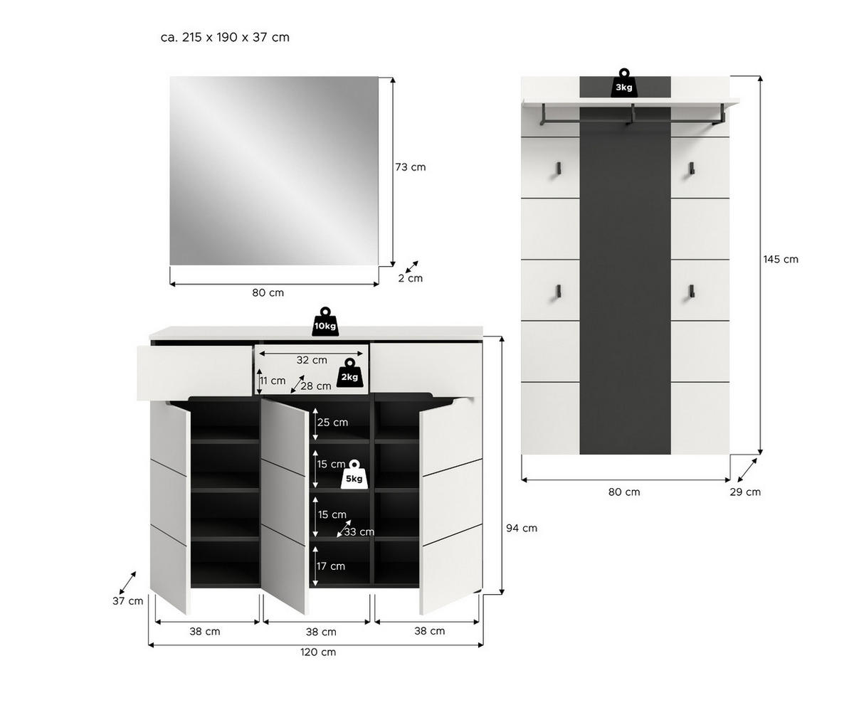 GARDEROBEN-SET 3-teilig weiß, grau 215 cm, Flurmöbel mit Soft-Close, Cooper - Schwarz/Weiß, Glas/Holzwerkstoff (215/190/37cm) - Inn.Furn