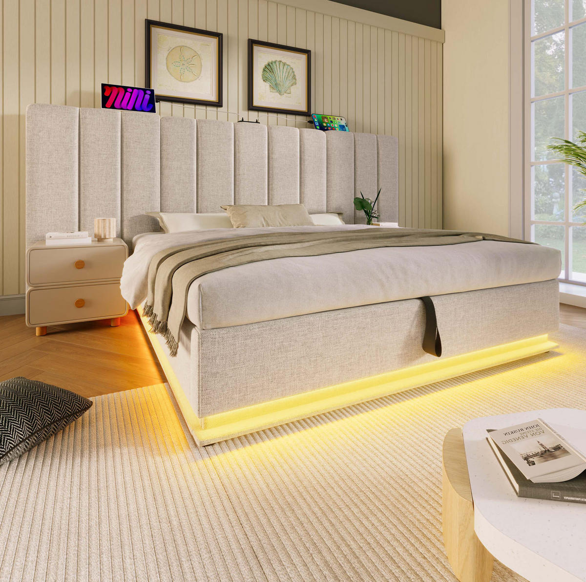 POLSTERBETT mit Stauraum, LED & Ladefunktion 160x200 cm Leinen Beige - Beige, Metall (160/200cm) - Meubliv