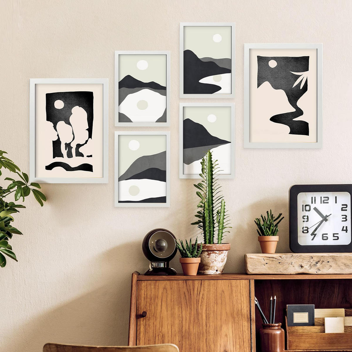 POSTER Set Mit 6 Mitternachtsmond Landschaft abstrakt Größe A3 & A4 Weißer Rahmen - Weiß, Papier (29.7/1cm) - Nacnic