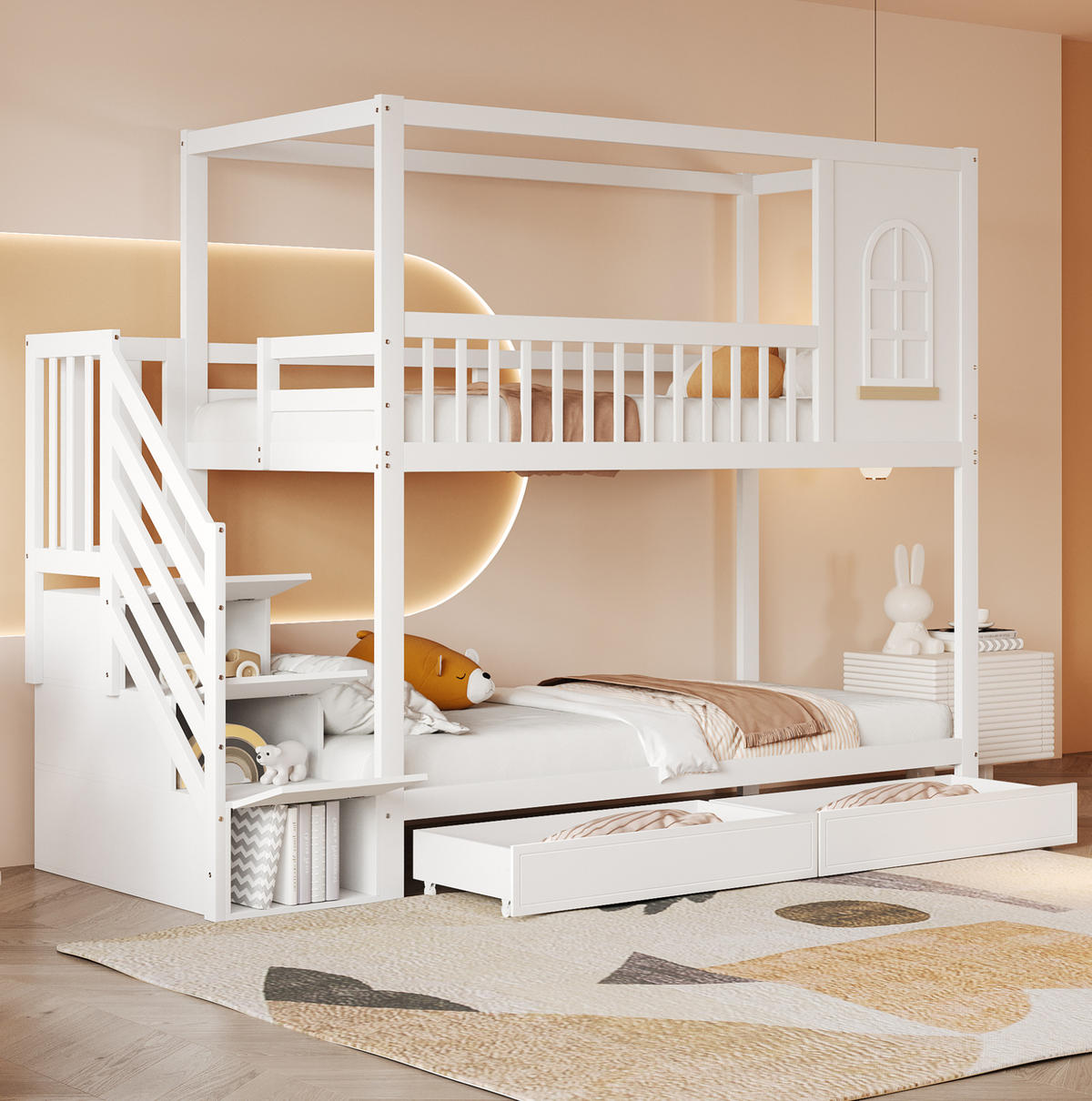 ETAGENBETT aus Massivholz 90x200 cm in Weiß mit Schubladen & Sicherheitsleiter - Weiß, Holz (90/200cm) - Modfu