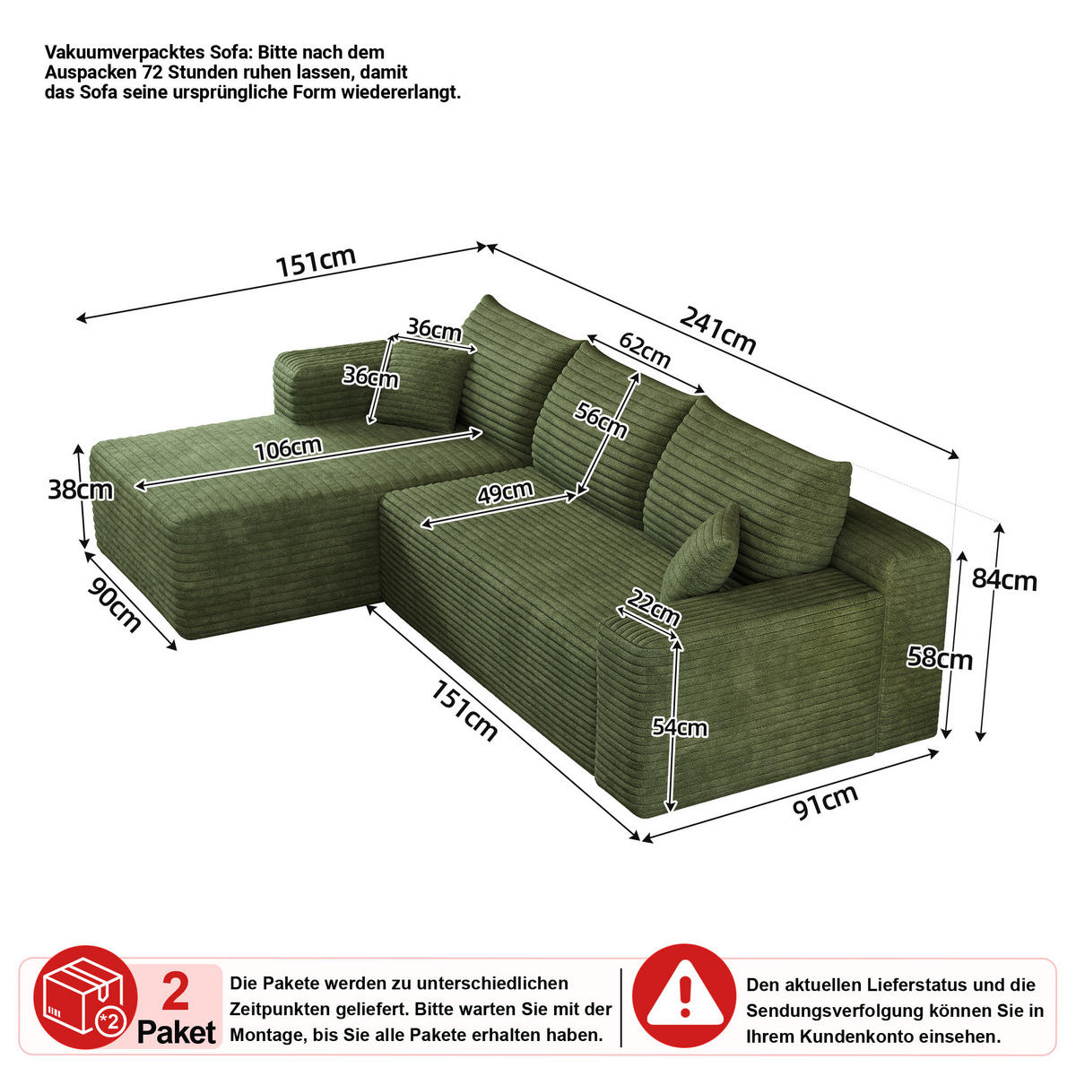 ECKSOFA Cord Grün - Grün, Textil (241/151cm) - WISHDOR