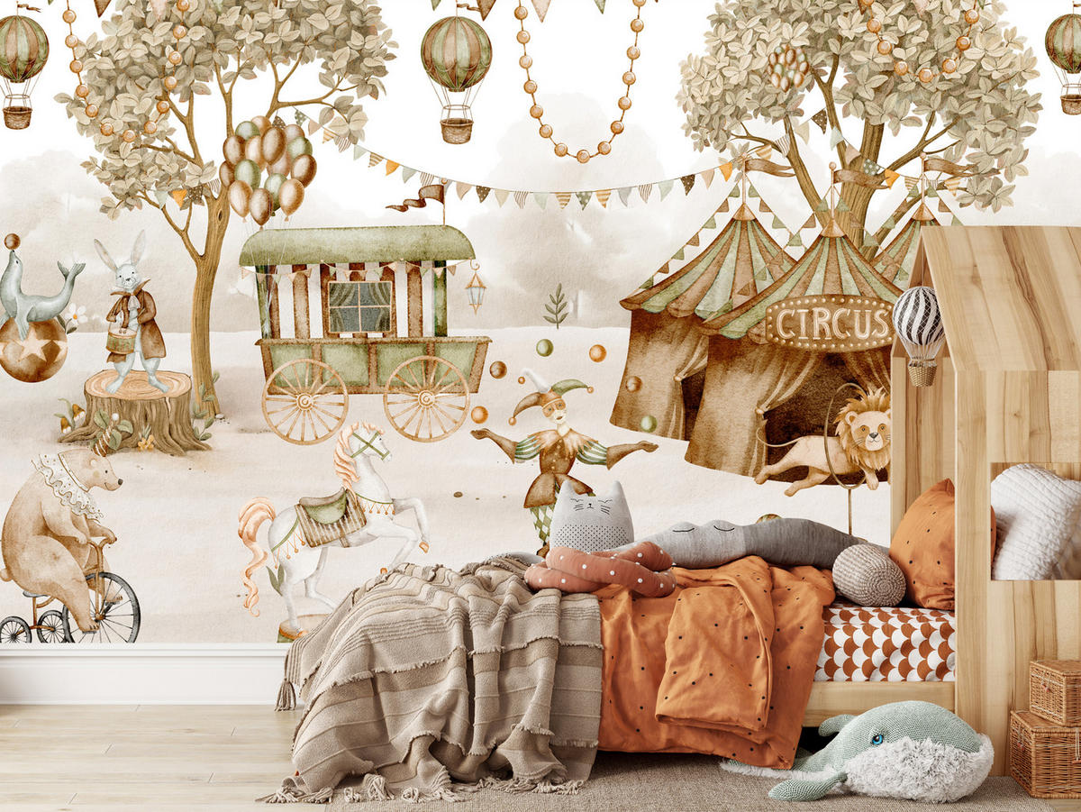 FOTOTAPETE für Kinderzimmer Zirkus Zelt Tiere Ballons Aquarell Bäume 350x256 - Ecru/Beige, Papier (350/256cm) - Muralo