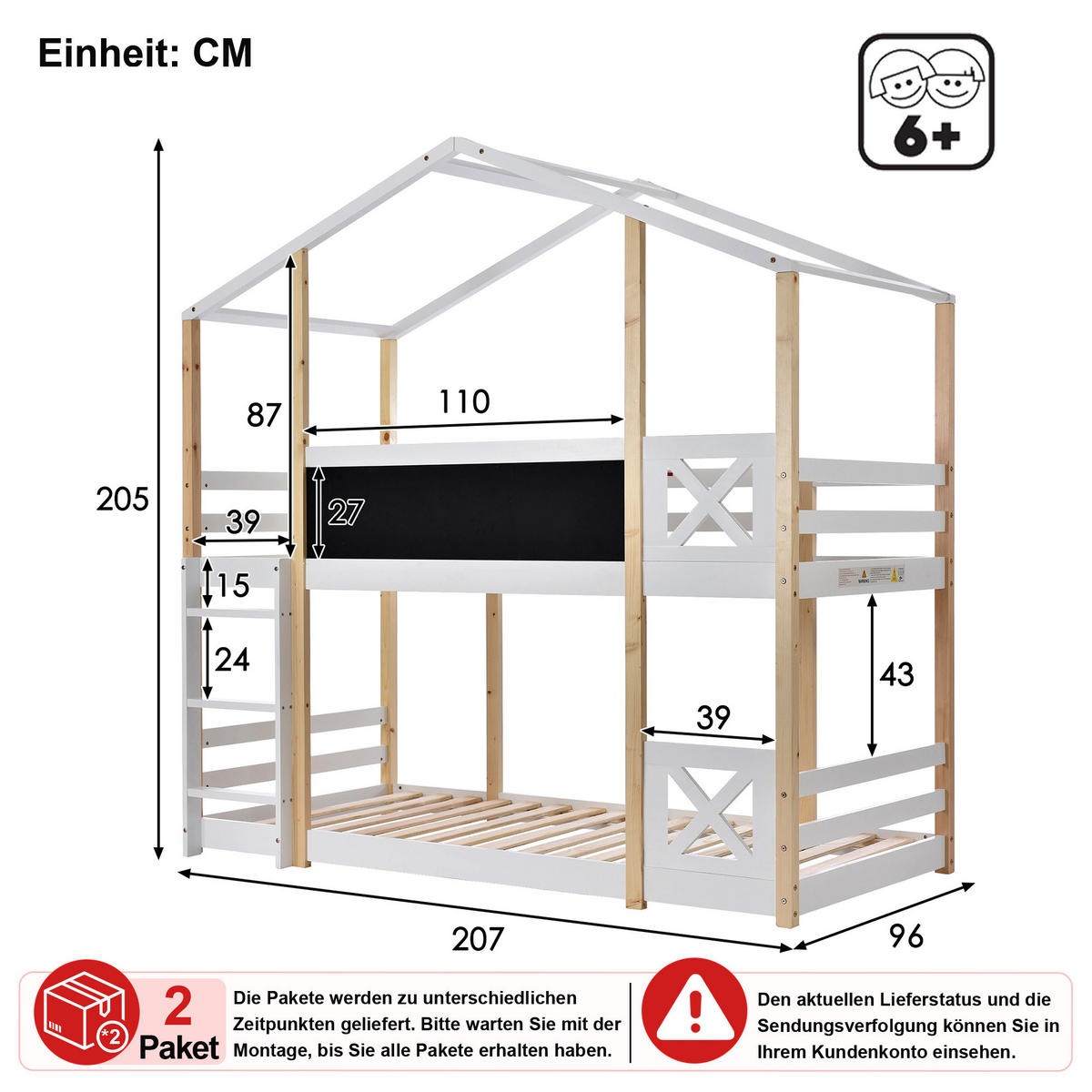 HOCHBETT 90/200 cm in Weiß in Hausform mit Tafel und Leiter - Naturfarben/Weiß, Holz/Holzwerkstoff (90/200cm) - CHICFURN