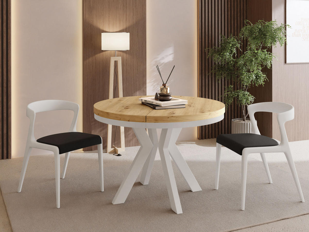 ESSTISCH Savio Weiß Neo rund ausziehbar verlängerbar XXL, Eiche Artisan Hellbraun 100-300/100/77 cm - Weiß/Eiche Artisan, Holz/Holzwerkstoff (100/100/77cm) - WFL GROUP