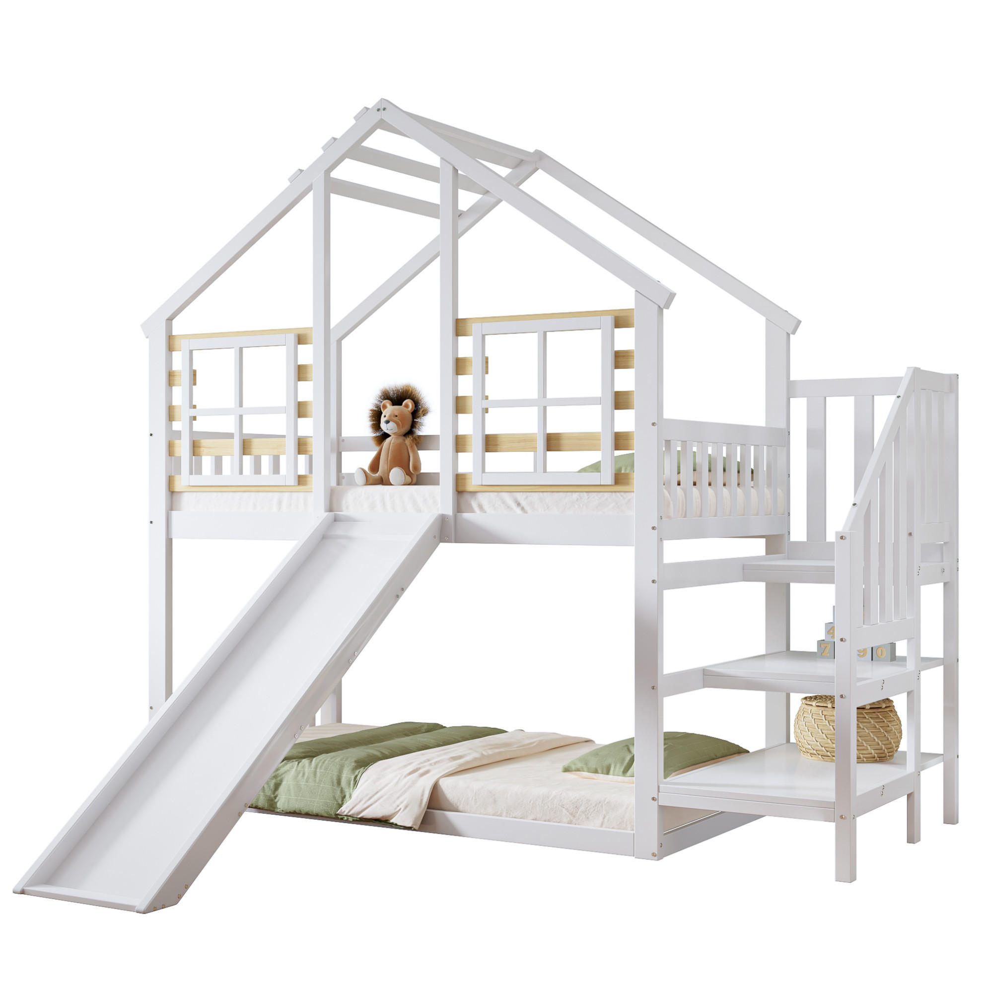 POSCHODOVÁ posteľ 90/200 cm biela/prírodná so šmykľavkou, schodíkmi a oknami z masívneho dreva a MDF - biela, kompozitné drevo (90/200cm) - OKWISH