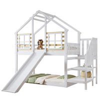 POSCHODOVÁ posteľ 90/200 cm biela/prírodná so šmykľavkou, schodíkmi a oknami z masívneho dreva a MDF - biela, kompozitné drevo (90/200cm) - OKWISH
