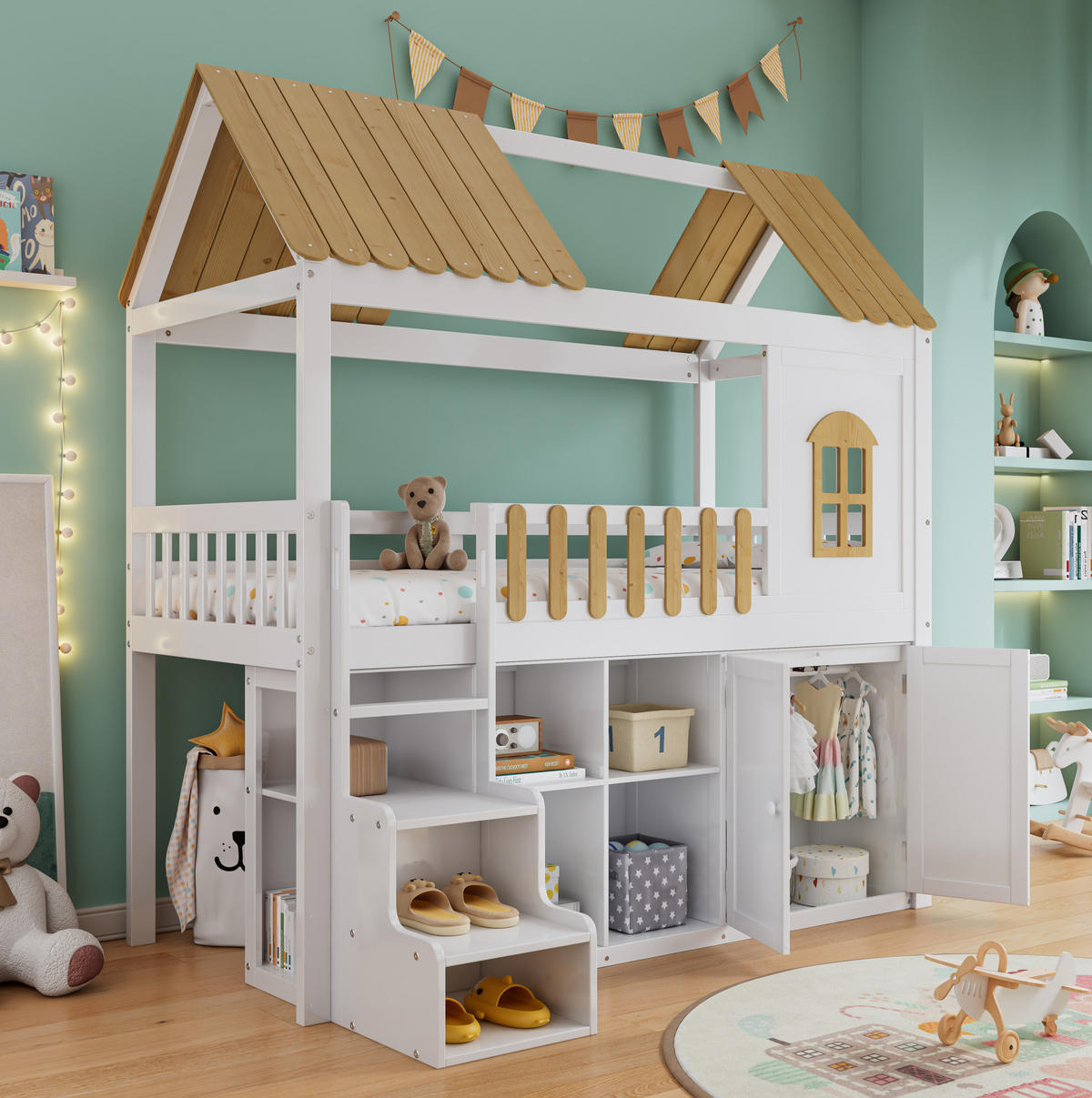 ETAGENBETT mit Stauraum, Fenster und Schrank 90/200 cm - Weiß, Holz (90/200cm) - MIVRAY