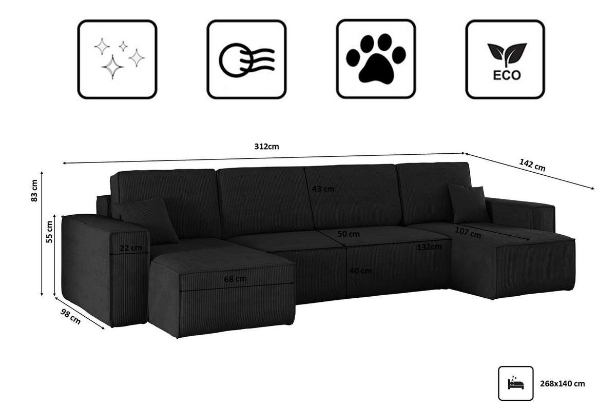 ECKSOFA Mit Schlaffunktion Und Bettkasten BEST Dicker Cord Poso Schwarz - Schwarz, Holz/Textil (312/142cm) - Kaiser Möbel