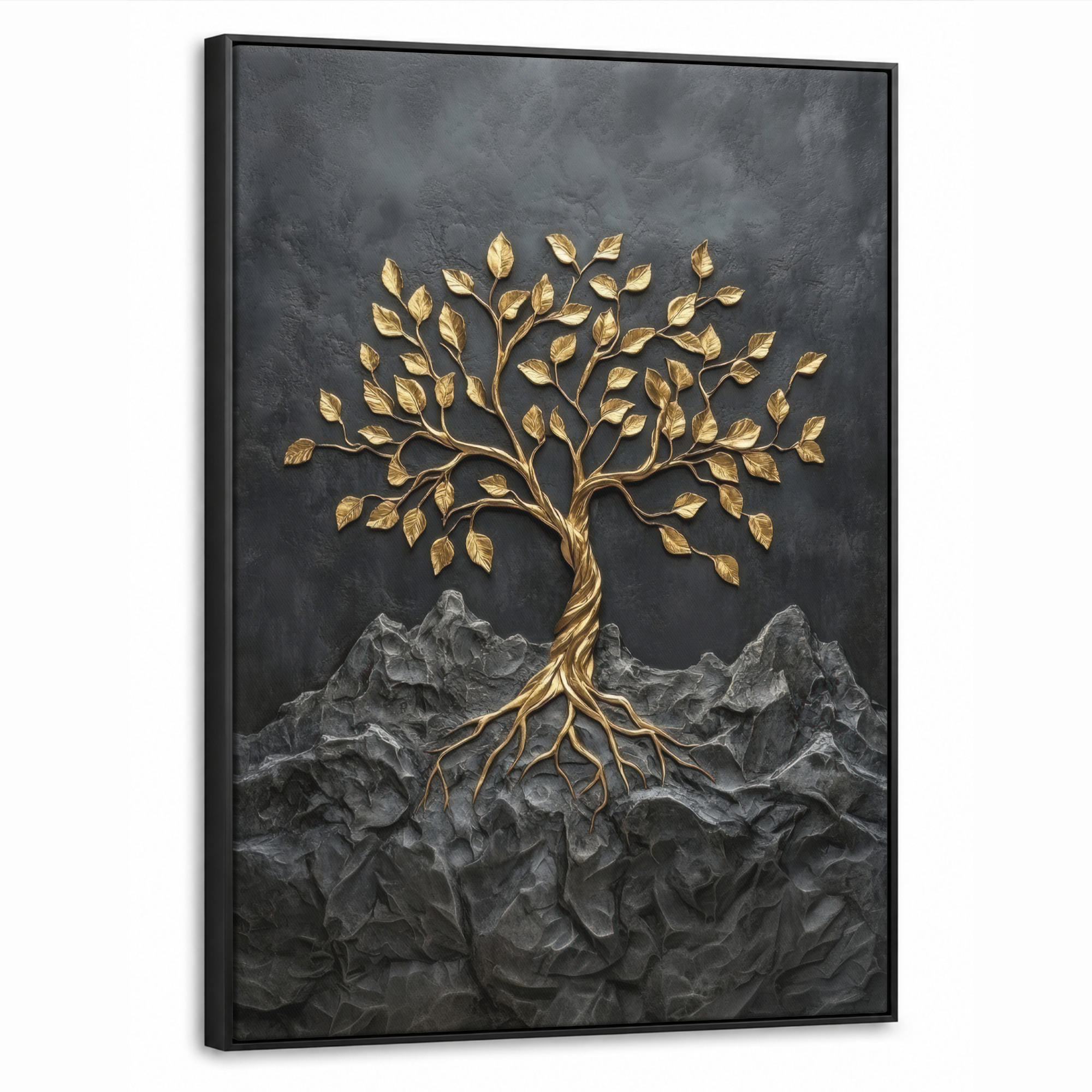 LEINWAND Bilder mit Rahmen - Blätter - Gold - Baum - Fels - 60x80 - Schwarz, Textil (60/80cm) - MuchoWow