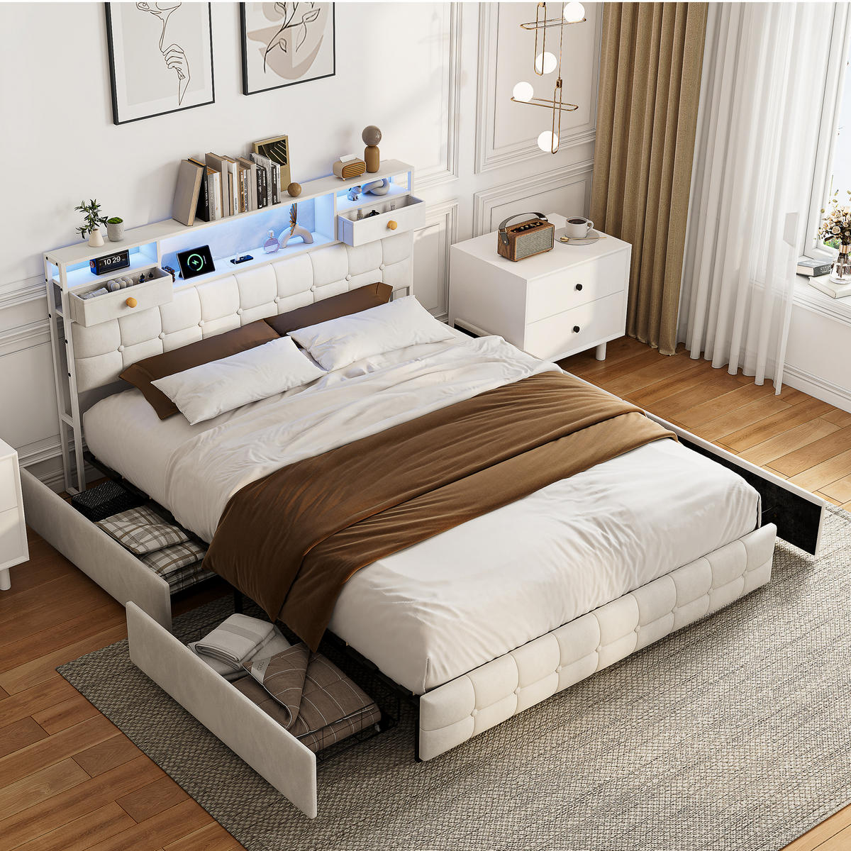 SÄNG 160x200cm beige med lådor, RGB-LED och laddningsstation - Vit, Trä - SHOPENTRA
