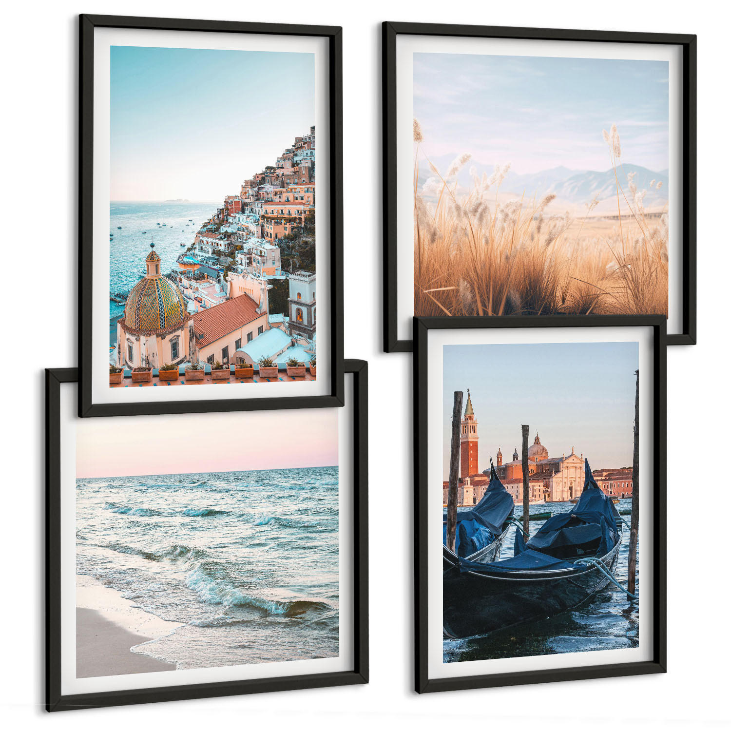 BILDER SET 4er Set - 50x50 cm & 40x60 cm Schwarzer Rahmen - Meerblick von Venedig - Schwarz, Kunststoff (50/50cm) - TULUP