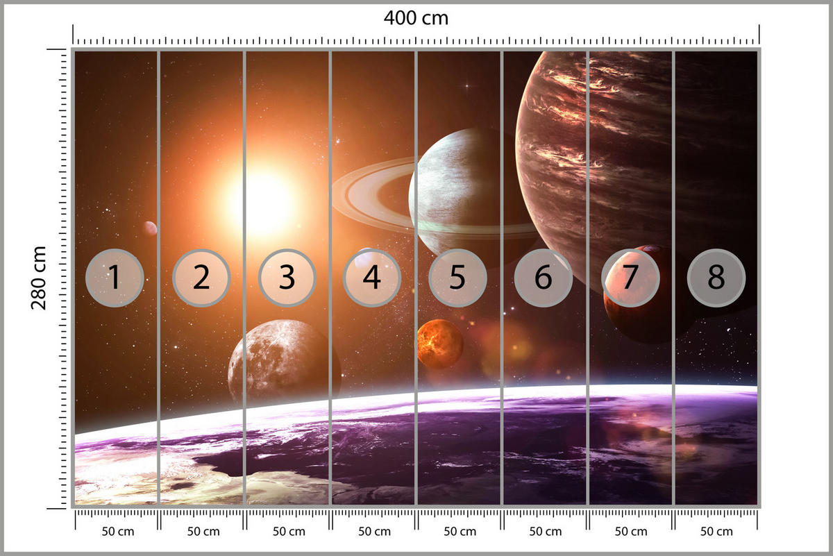 FOTOTAPETE für Büro Sonnensystem Planeten Blick Sterne 400x280 - Gelb/Violett, Papier (400/280cm) - Muralo