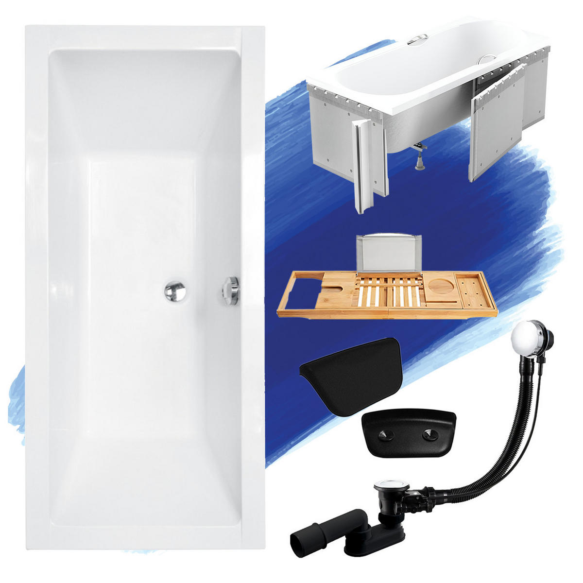 BADEWANNE Rechteck QUADRO 170/75 + Styro + Ablage + Kopfstütze Ablauf Füße - Weiß, Kunststoff (75/55.5/170cm) - bad land