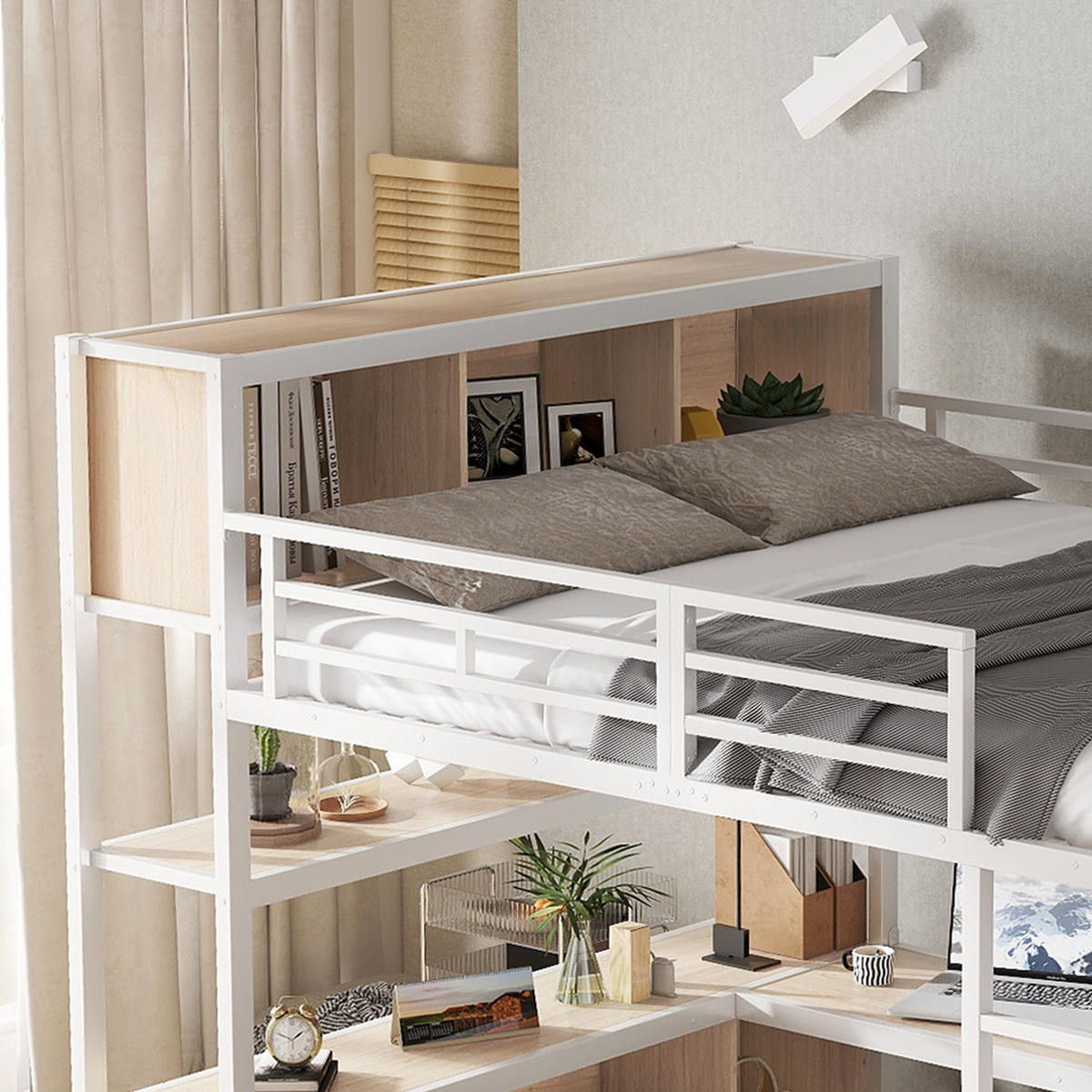 HOCHBETT 140/200 cm in Weiß & Natur mit Kleiderschrank, Stauraum und Schreibtisch Metall & Holz - Weiß, Holzwerkstoff/Metall (140/200cm) - STILVORA