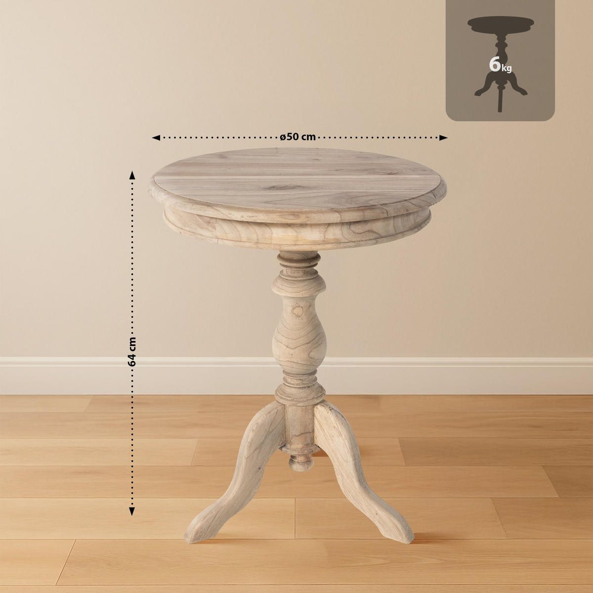 BEISTELLTISCH rund 50 cm Holz Natura - Eukalyptusholzfarben, Holz (50/50/64cm) - CLP