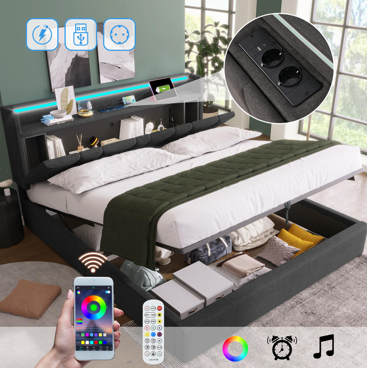 POLSTERBETT 140/200 cm mit Matratze, LED-Beleuchtung, USB, Type-C, Steckdosen und Bettkasten, Grau - Grau, Textil (140/140cm) - Redom